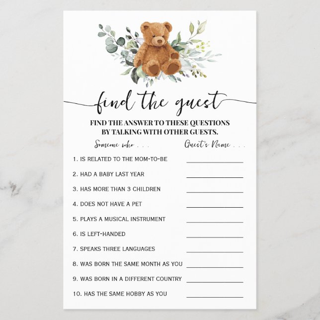 Bear Greenery Find the Guest Baby Shower Game Card Flygblad (Framsidan)