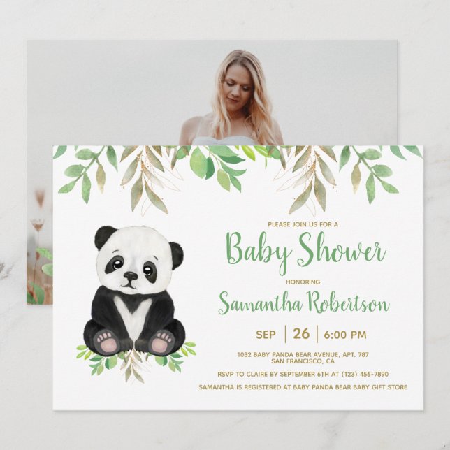 Bear Greenery Gender Neutral Baby Shower Photo Inbjudningar (Fram/baksida)