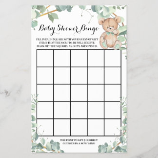 Bear Greenery Guld Baby Shower Bingo Game Card Flygblad