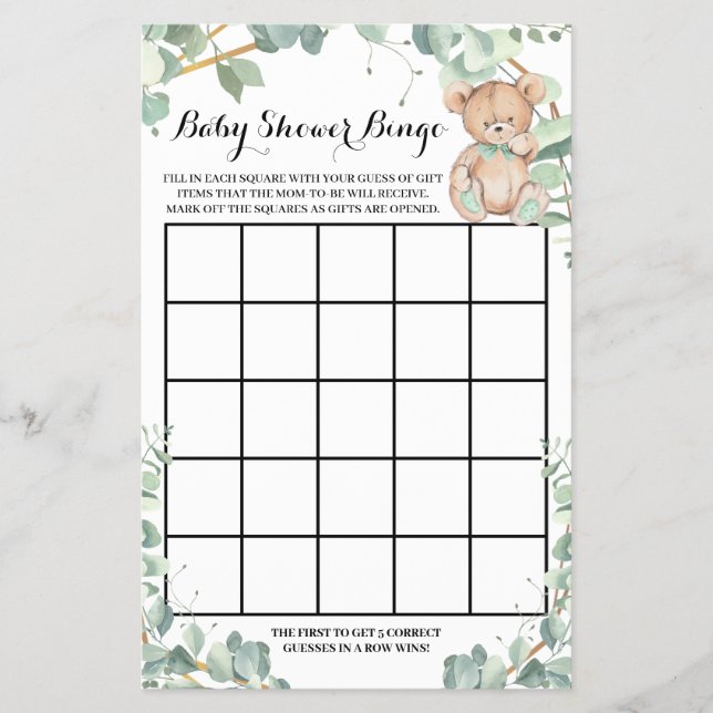 Bear Greenery Guld Baby Shower Bingo Game Card Flygblad (Framsidan)