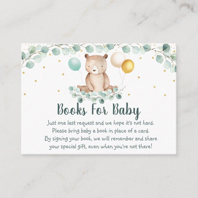 Bear Greenery Guld Baby Shower Bok-begäran Tilläggskort (Framsida)