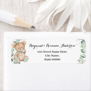 Bear Greenery Guld Baby Shower Returadress Etikett