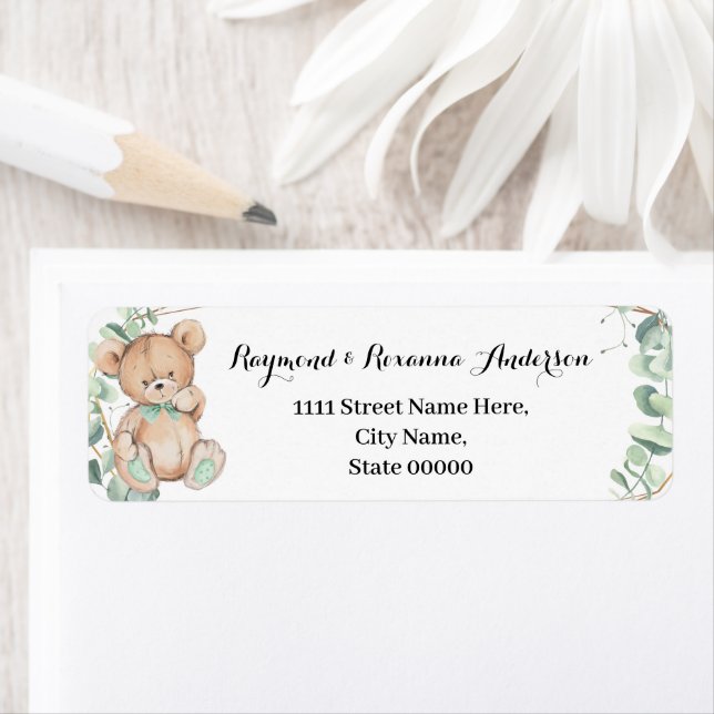 Bear Greenery Guld Baby Shower Returadress Etikett (Insitu)