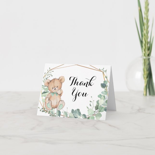 Bear Greenery Guld Baby Shower Tack för ditt kort (Framsida)