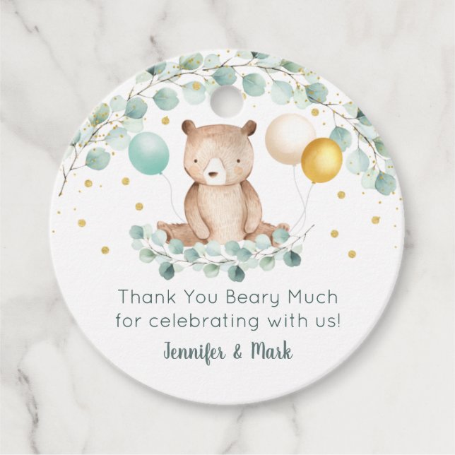 Bear Greenery Guld Baby Shower Tack Gåvor Etiketter (Framsida)