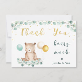 Bear Greenery Guld Baby Shower Tack Kort