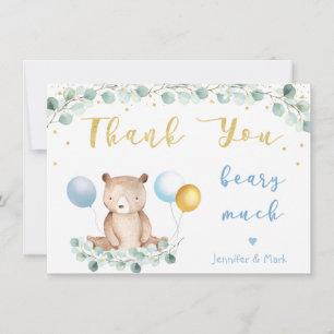 Bear Greenery Guld Blue Baby Shower Tack Kort