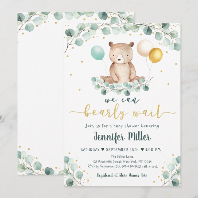 Bear Greenery Guld Kön Neutral Baby Shower Inbjudningar (Fram/baksida)