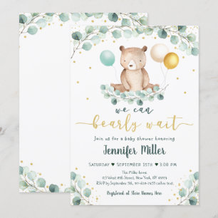 Bear Greenery Guld Kön Neutral Baby Shower Inbjudningar
