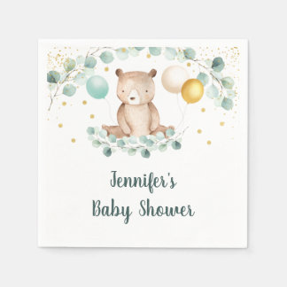 Bear Greenery Guld Kön Neutral Baby Shower Pappersservett