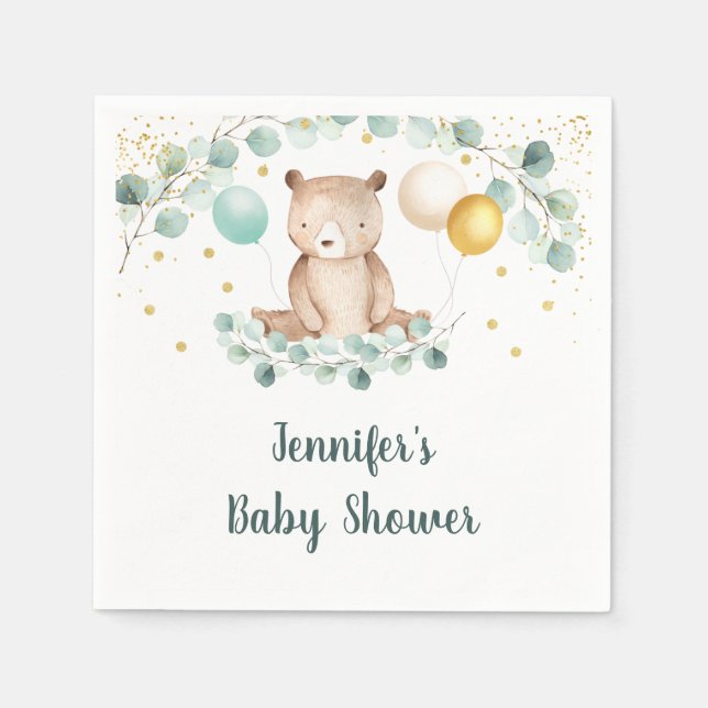 Bear Greenery Guld Kön Neutral Baby Shower Pappersservett (Framsidan)