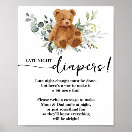 Bear Greenery Late Late Diaper Baby Shower Game Poster