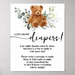 Bear Greenery Late Late Diaper Baby Shower Game Poster