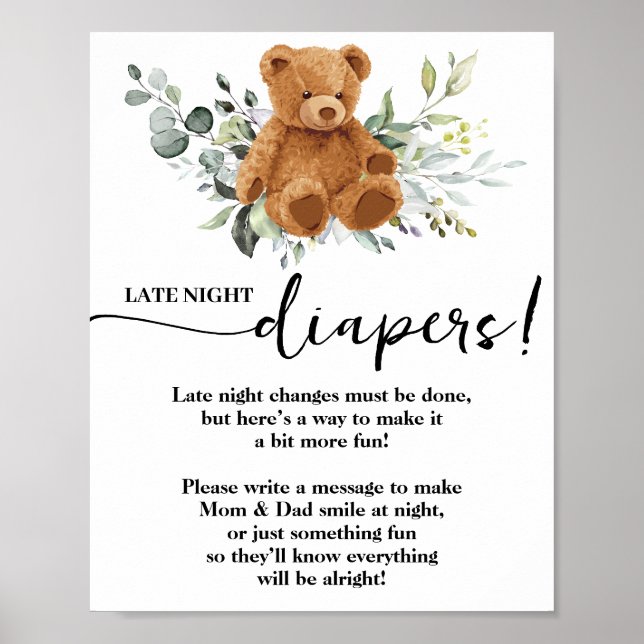 Bear Greenery Late Late Diaper Baby Shower Game Poster (Framsidan)