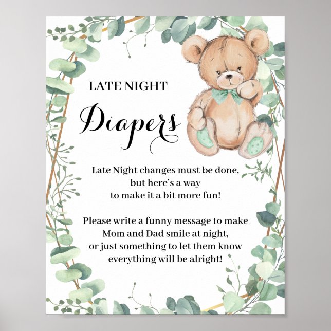 Bear Greenery Late Late Night Diaper Shower Game S Poster (Framsidan)