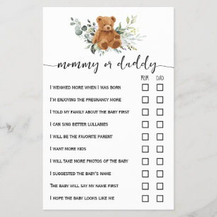 Bear Greenery Mamma eller Pappa Baby Shower Game C Flygblad
