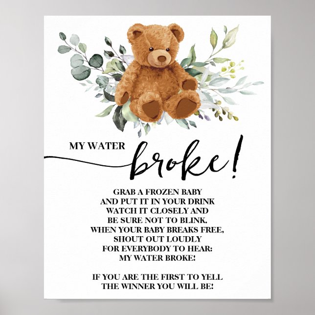 Bear Greenery My Vatten Fattig Baby Shower Sign Poster (Framsidan)