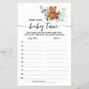 Bear Greenery Namn Baby Tune Baby Shower Game Card Flygblad