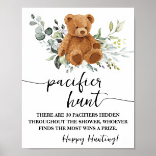 Bear Greenery Nappar Hunt Baby Shower Game Sign Poster