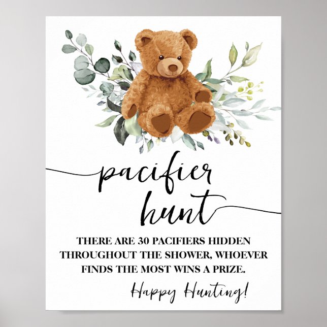 Bear Greenery Nappar Hunt Baby Shower Game Sign Poster (Framsidan)