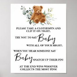 Bear Greenery säger inte Baby Clothespin Shower Ga Poster