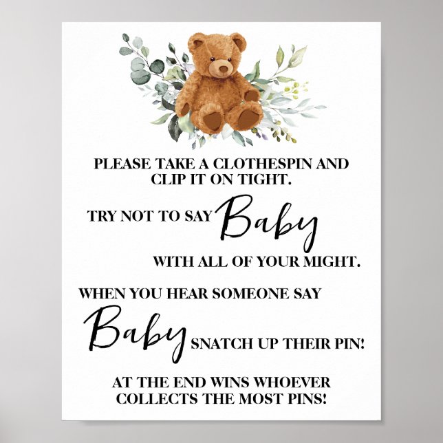 Bear Greenery säger inte Baby Clothespin Shower Ga Poster (Framsidan)