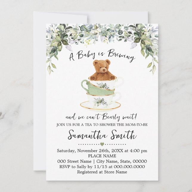 Bear Greenery Tea Baby Shower-inbjudan Julkort (Framsida)