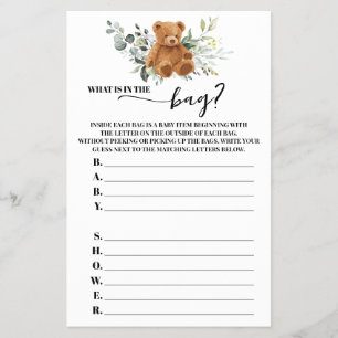 Bear Greenery What is in Bag Baby Shower Game Flygblad