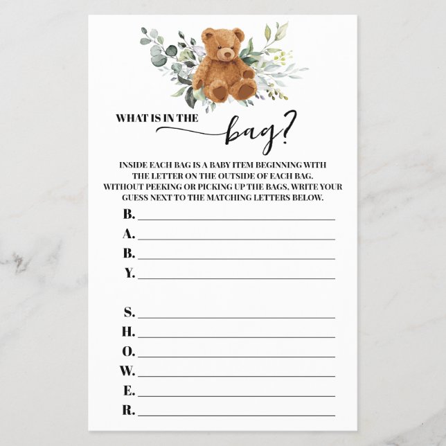 Bear Greenery What is in Bag Baby Shower Game Flygblad (Framsidan)