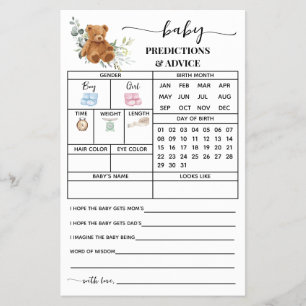 Bear Grey Predicy Advice Baby Shower Card Flygblad