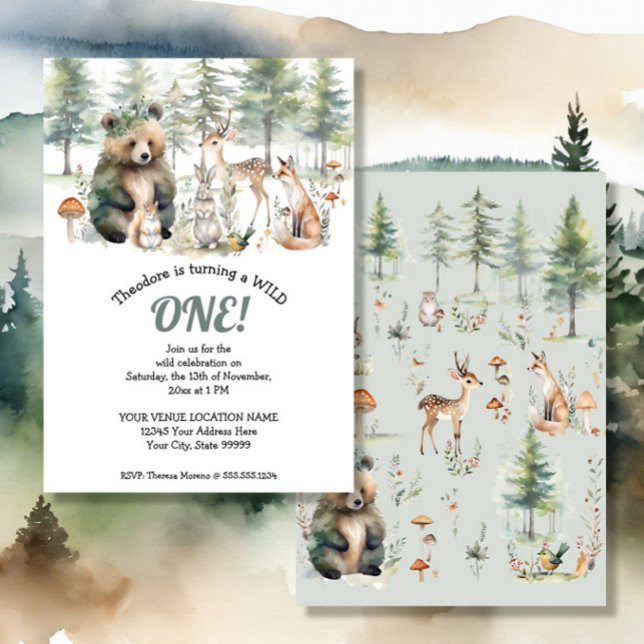 Bear Hjort Forest Woodland Cute Animals Birthag Inbjudningar (Skapare uppladdad)