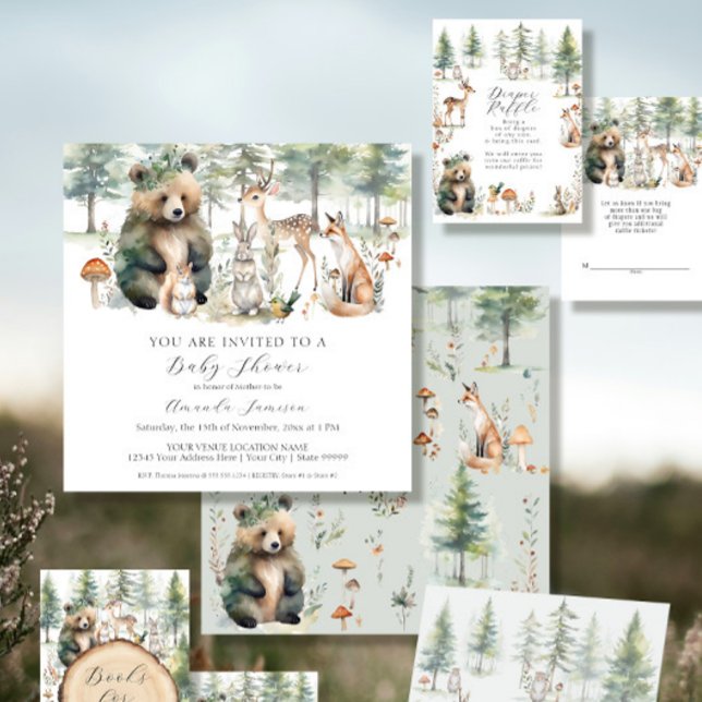 Bear Hjort Squirrel Forest Cute Animals Baby Showe Inbjudningar (Skapare uppladdad)