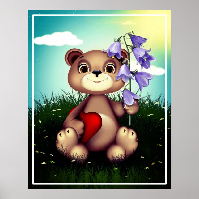 Bear Holding Bouquet Flower-39920 Poster (Framsidan)