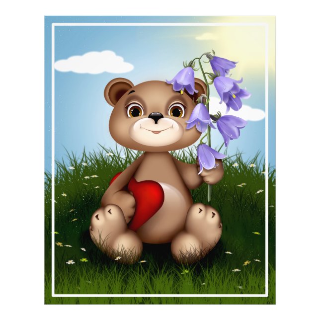 Bear Holding Bouquet Flower Fototryck (Framsidan)