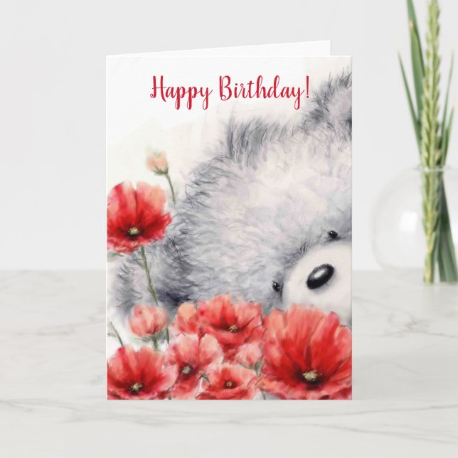 Bear Holding-röda blommor, Grattis på födelsedagen Kort (Framsida)