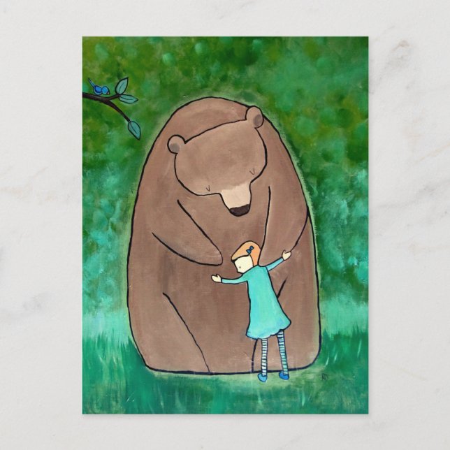Bear Hug Kids Art Cute Whimsical Grönt Postcard Vykort (Framsida)