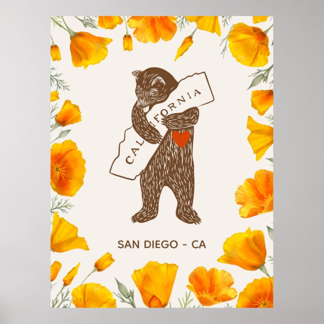 Bear Hugging California Map Poppies Custom Poster (Framsidan)