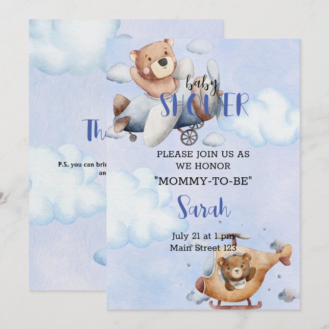 Bear in Flygplan Baby Shower-inbjudan Inbjudningar (Fram/baksida)
