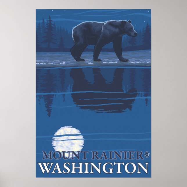 Bear in Moonlight - Mount Rainier, Washington Poster (Framsidan)