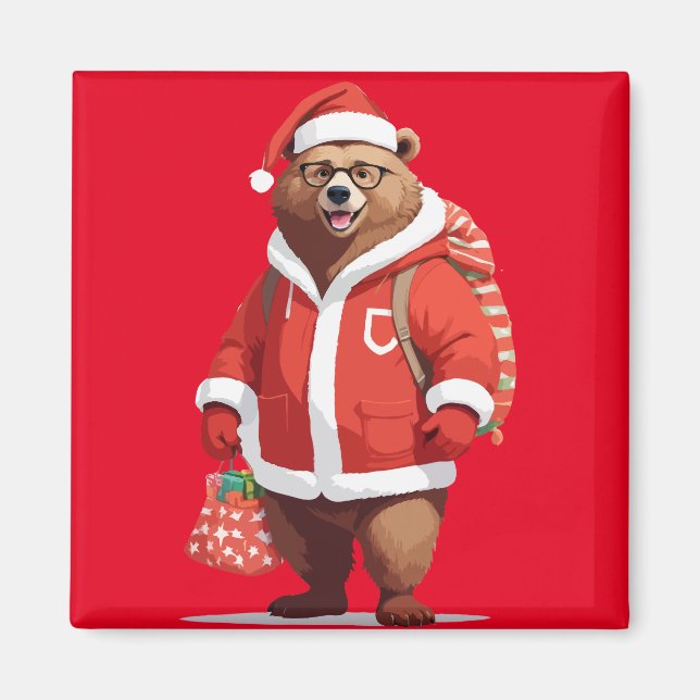 Bear in Santa Costume Adsible Funny Julpett Magnet (Framsidan)