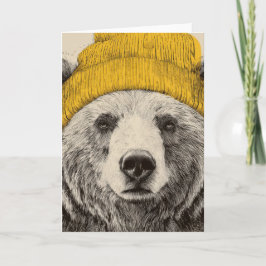 Bear in Yellow Beanie Rustic Woodland Animal Helgkort