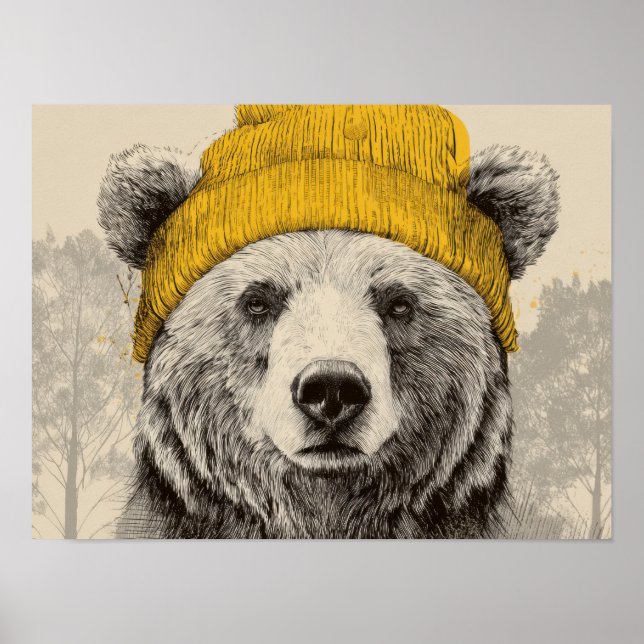Bear in Yellow Beanie Rustic Woodland Animal  Poster (Framsidan)