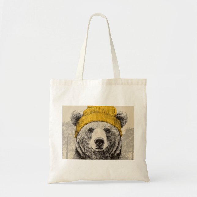 Bear in Yellow Beanie Rustic Woodland Animal  Tygkasse (Framsidan)