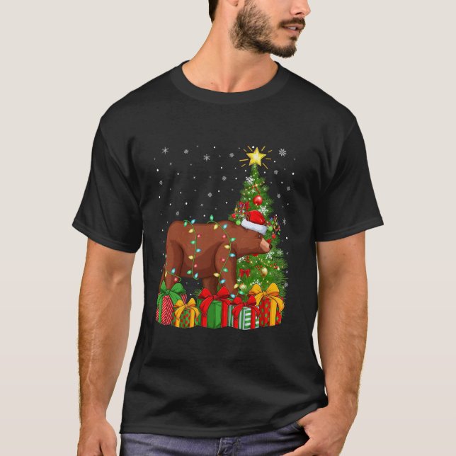 Bear Julafton Träd Lighting Santa Hat Grizzly Bear T Shirt (Framsida)