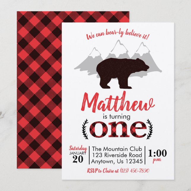 Bear Lumberjack Boy First Birthday Inbjudningar (Fram/baksida)