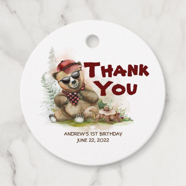 Bear Lumberjack Cute Birthday Tack Gåvor Etiketter (Framsida)