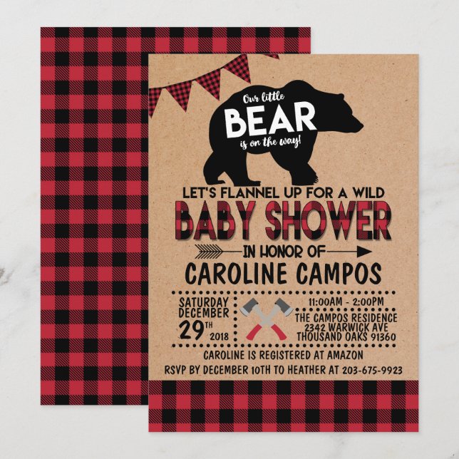 Bear Lumberjack Flanals Baby Shower-inbjudan Inbjudningar (Fram/baksida)