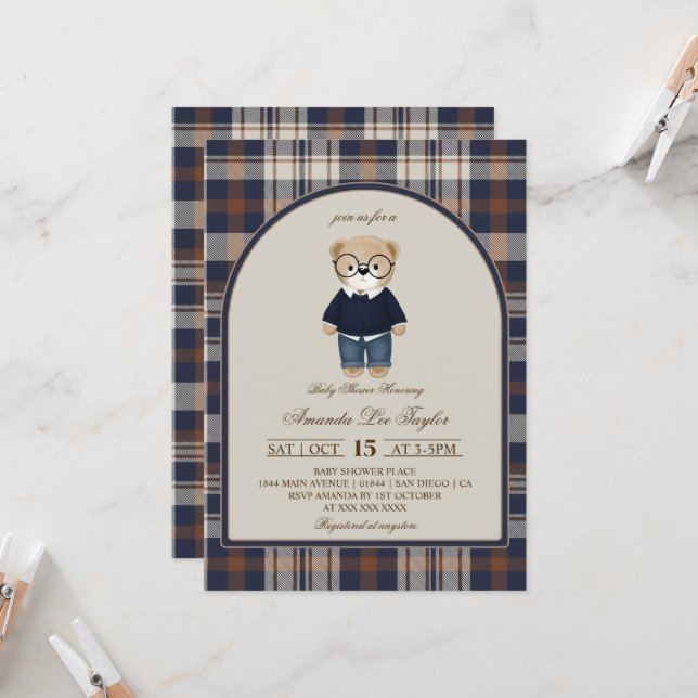 Bear Luxury Plaid Boy Baby Shower Inbjudningar (Fram/Back In Situ)