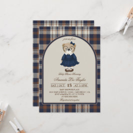 Bear Luxury Plaid Girl Baby Shower Inbjudningar