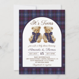 Bear Luxury Tartan Twins Baby Shower Inbjudningar